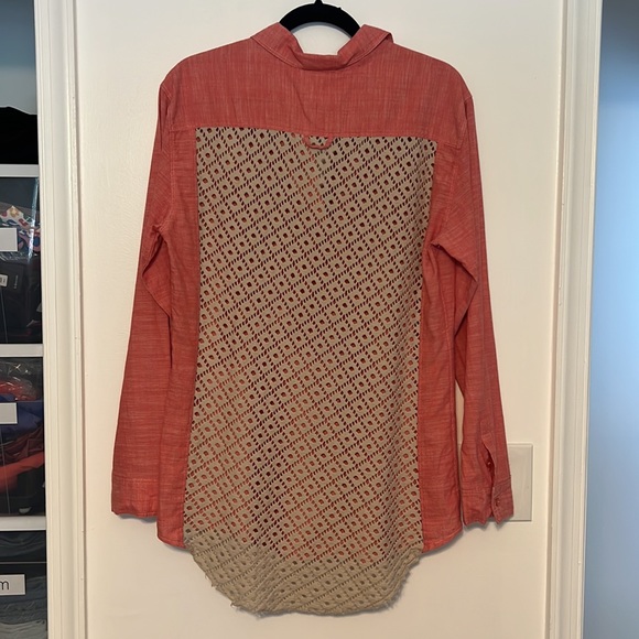 Free People Slubby Road Trip Lace Crochet Back Button Down Shirt - Picture 2 of 7